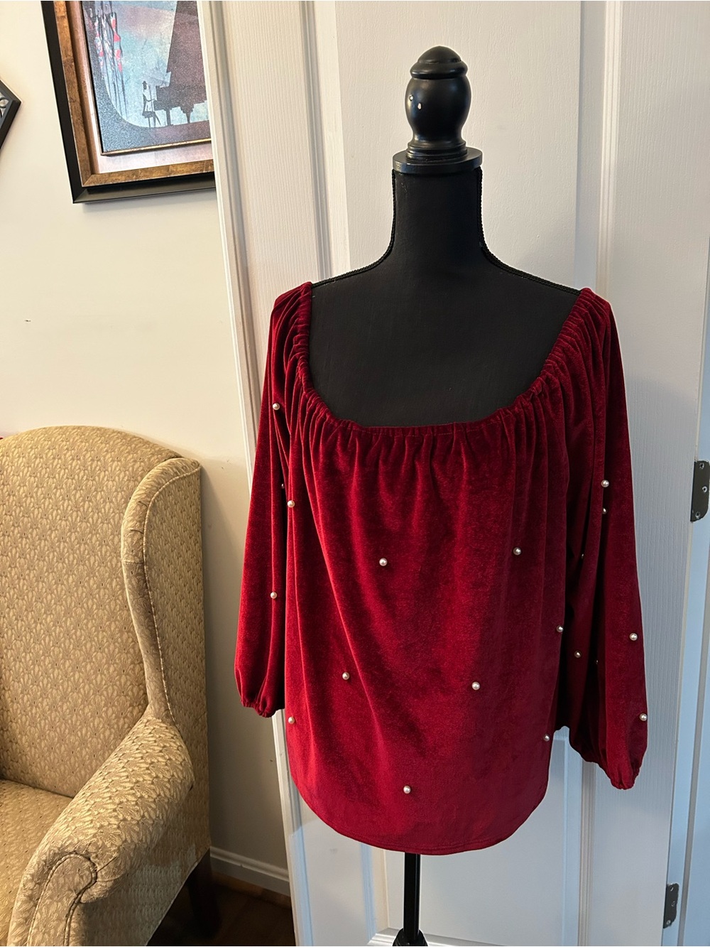 SHEIN Burgundy Pearl-Embellished Velvet Off-Shoulder Top